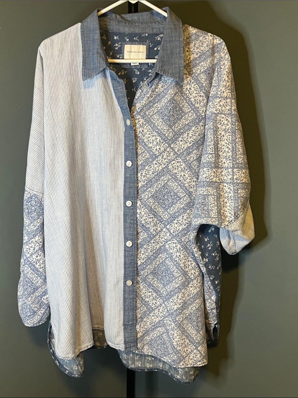 American Eagle Outfitters Blue oversized Mixed-Print Patchwork Button-Down Shirt